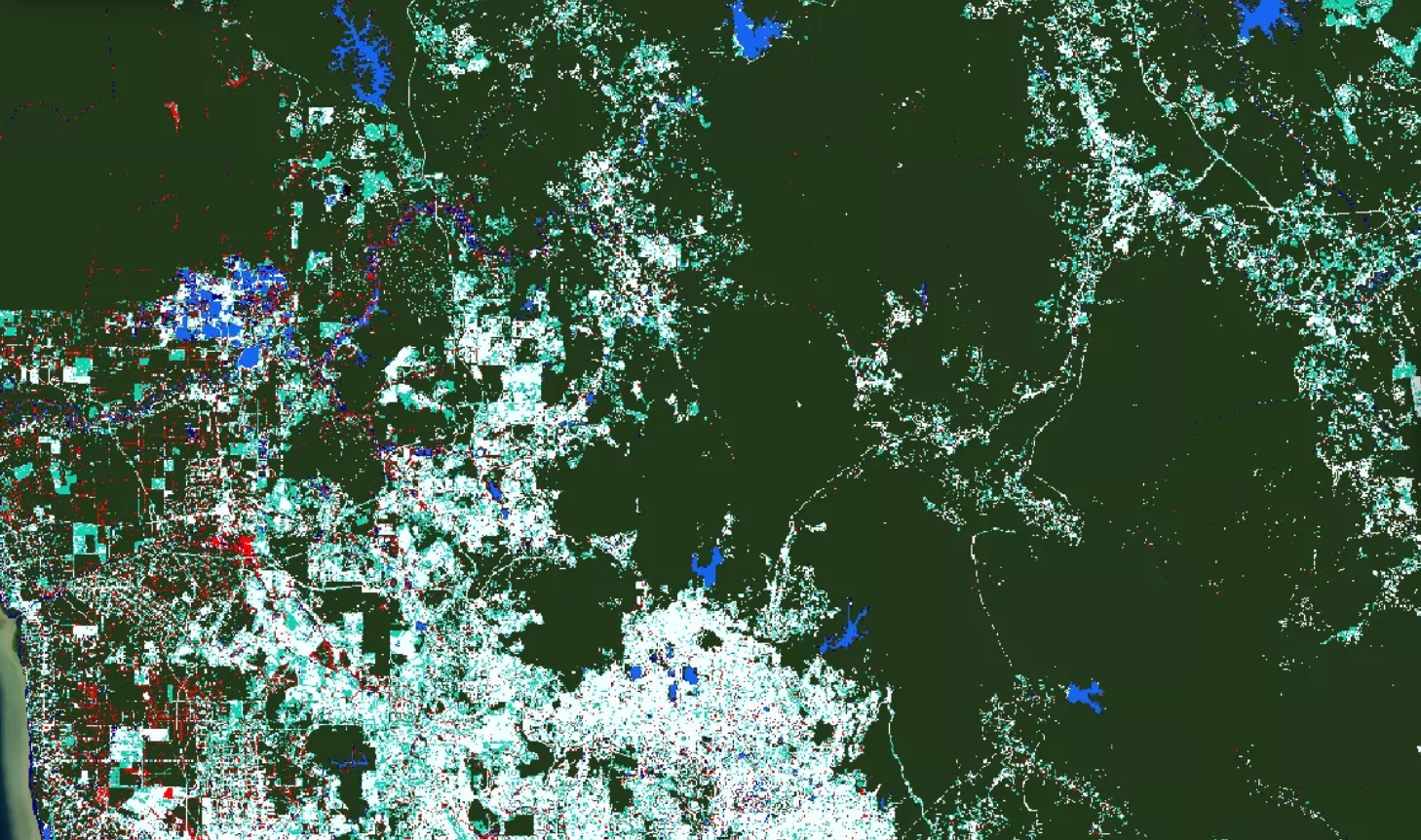 Multi-source false-colour Earth-observation composite of a project landscape
