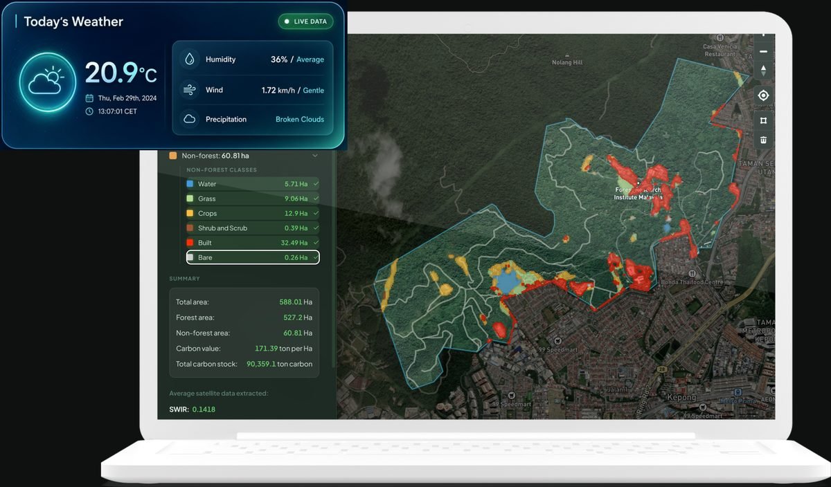 Satellite map dashboard with land-cover breakdown and carbon stock metrics